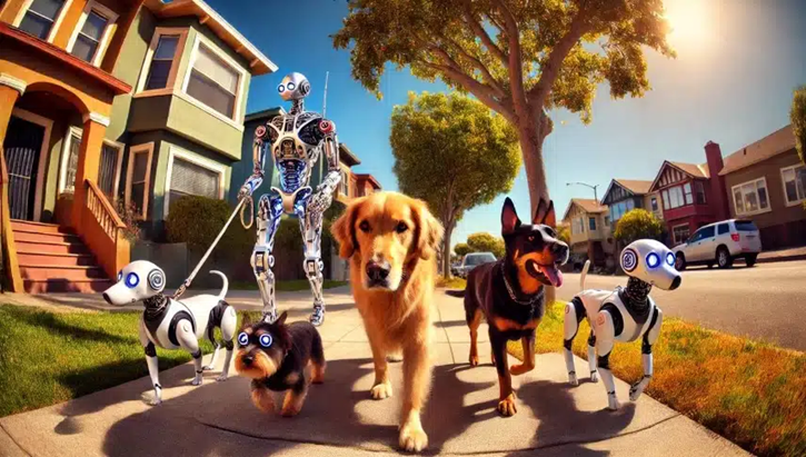 AI image of a robot walking dogs